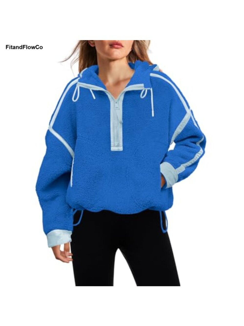 Fleece Half Zip Pullover Hoodie Fuzzy Sherpa Oversized Drawcord Hem